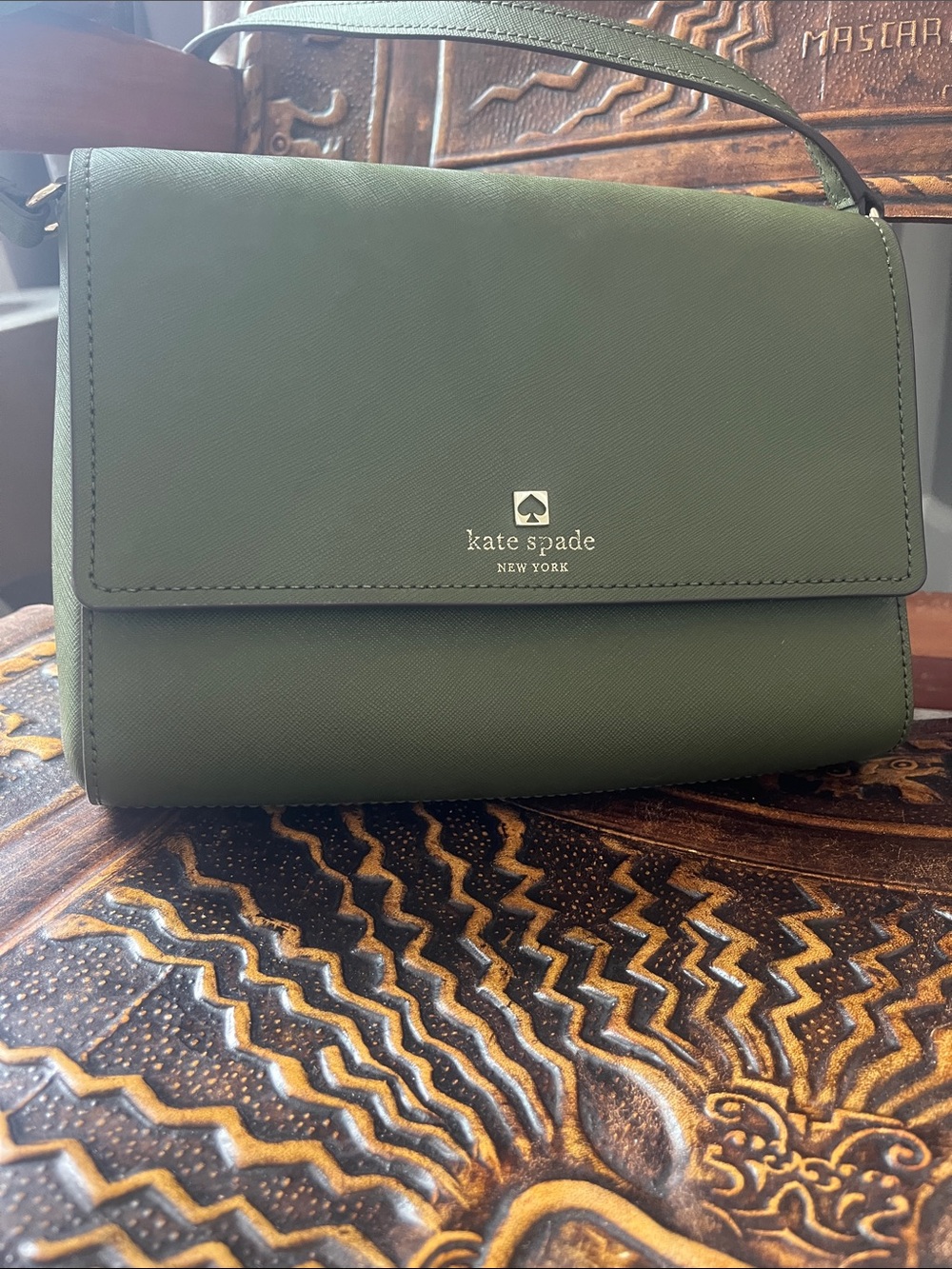 kate spade Olive Green Saffiano Leather Shoulder Bag with Gold Logo